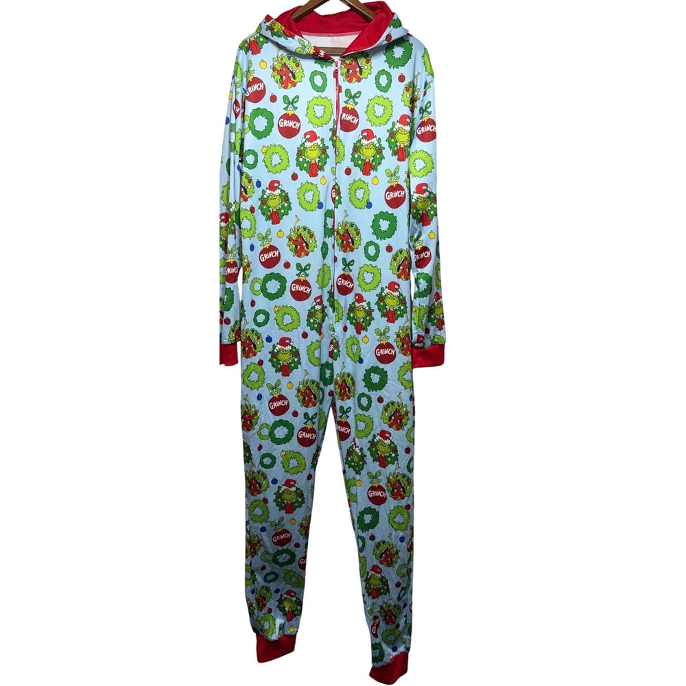 Dr. Seuss The Grinch Christmas Pajamas One Piece Union Suit XL Blue Red Holiday
